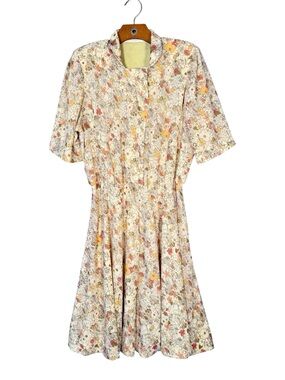 Vintage Yellow Dress Floral Retro Knee Length Full Skirt L